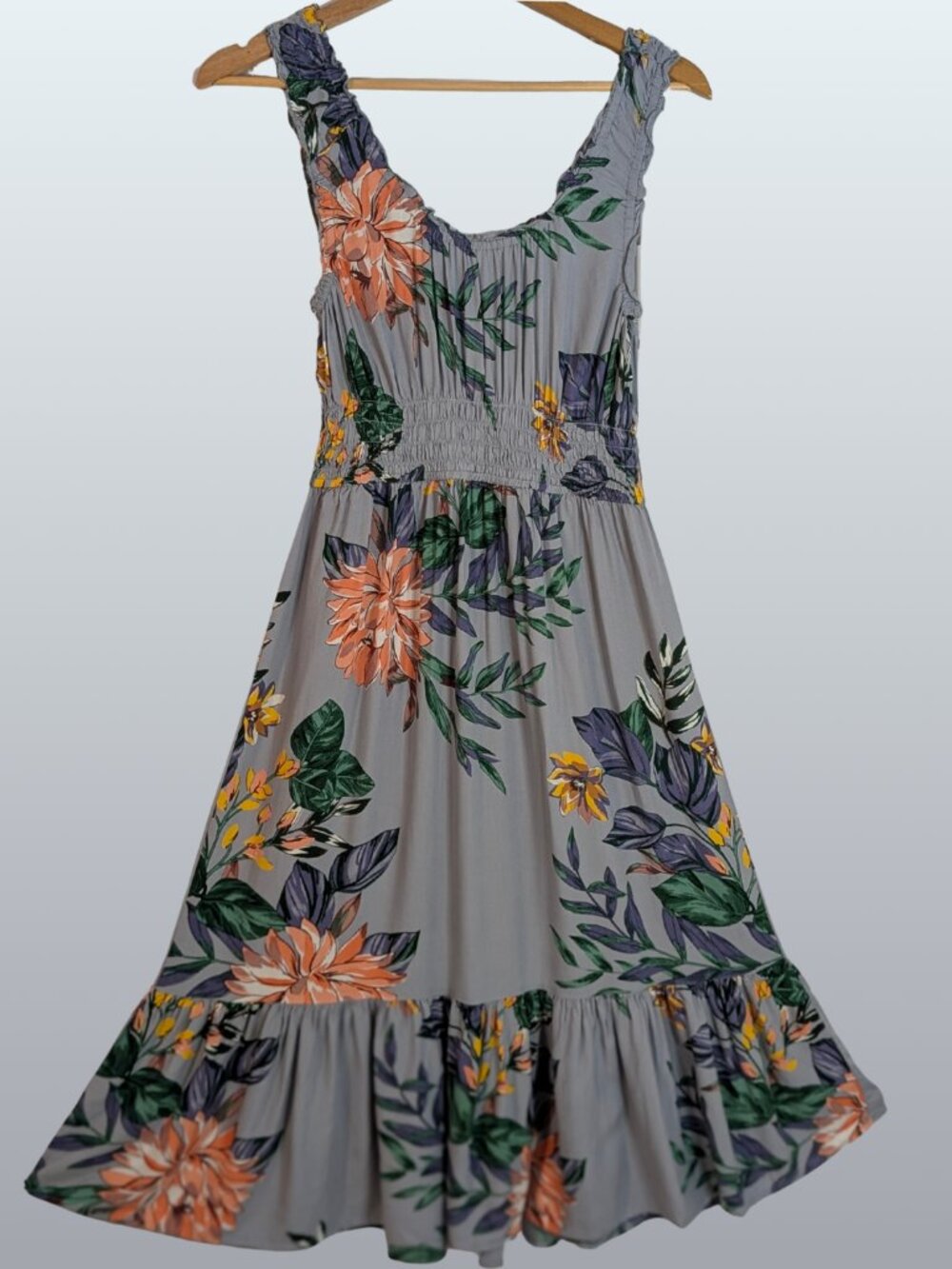Patrons of Peace Gray Tropical Smocked Midi Maxi Dress M Boho Resort Beachy EUC - Picture 3 of 11